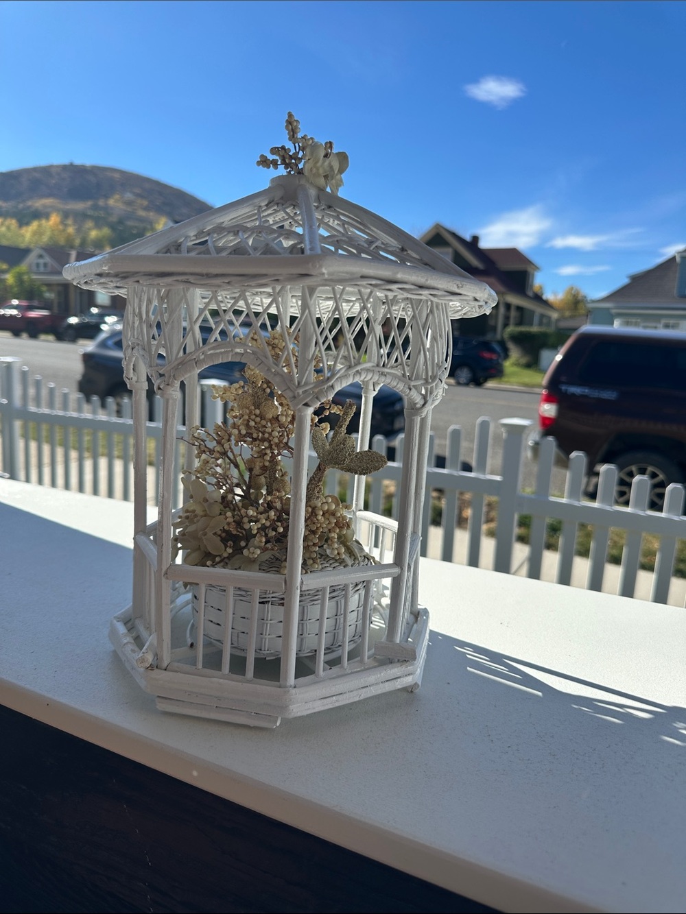 Vintage White Wicker Gazebo centerpiece with Faux Floral Arrangement